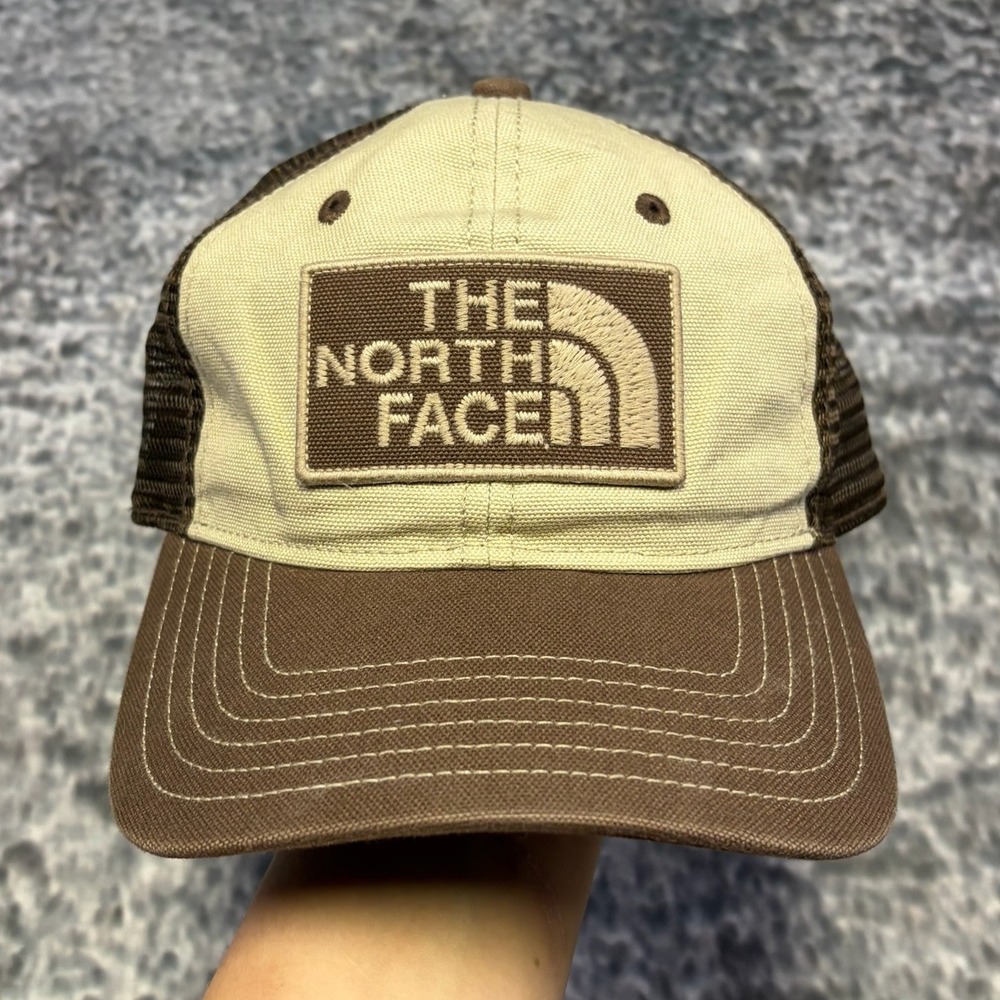 Vintage The North Face Trucker Hat Snapback Mesh Logo Beige Brown Adjustable